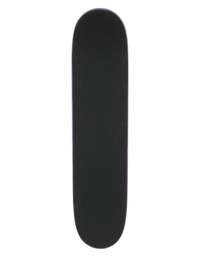 A skateboard deck with a black grip tape surface, shown vertically against a plain white background.