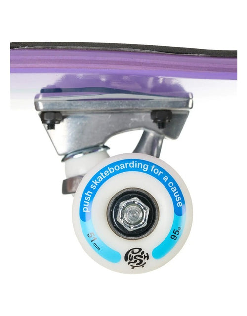 A close-up of a skateboard wheel and truck assembly on a white background. The wheel is white with blue text reading 'push skateboarding for a cause' and '95'.