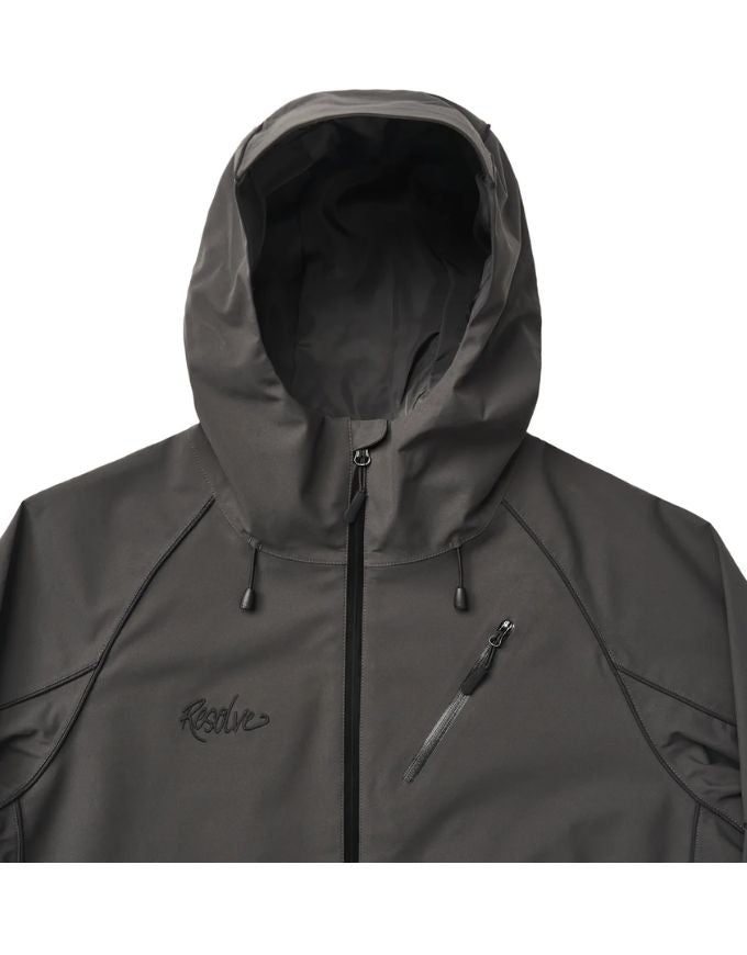 Dark gray hooded jacket with a brand logo on a white background