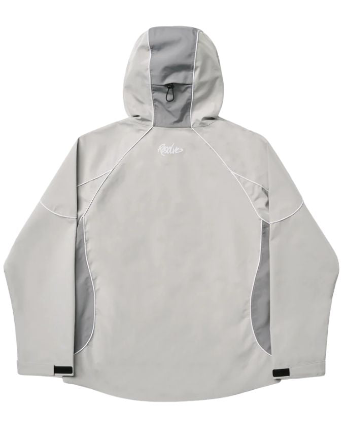 Gray hooded jacket with brand logo on a white background
