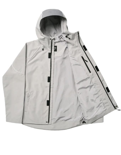 Light gray jacket with black accents on a white background