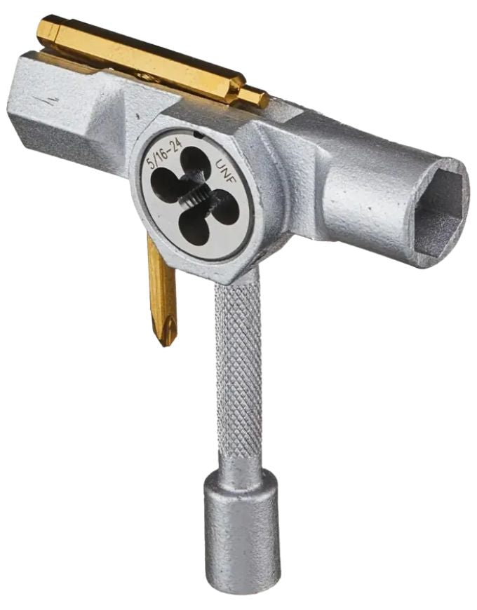 Metal threading tool with gold-colored dies on a white background