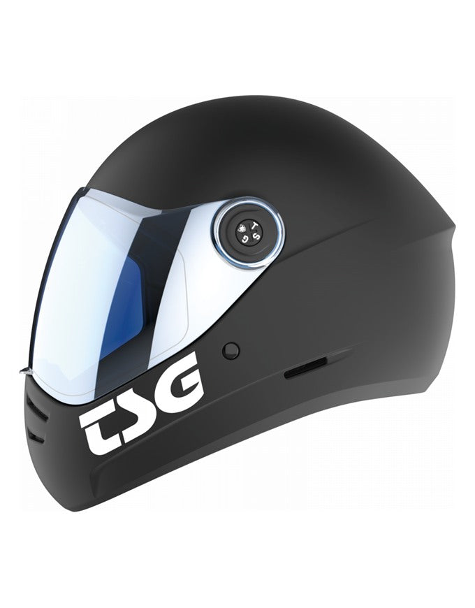 A matte black full-face motorcycle helmet with a clear visor, featuring a prominent white 'DSG' logo on the lower front and a circular vent on the side.