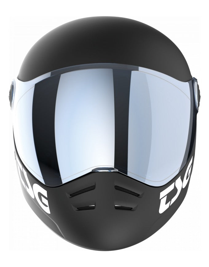 A matte black full-face motorcycle helmet with a large silver mirrored visor, featuring white DSG branding on the lower sides, set against a plain white background.