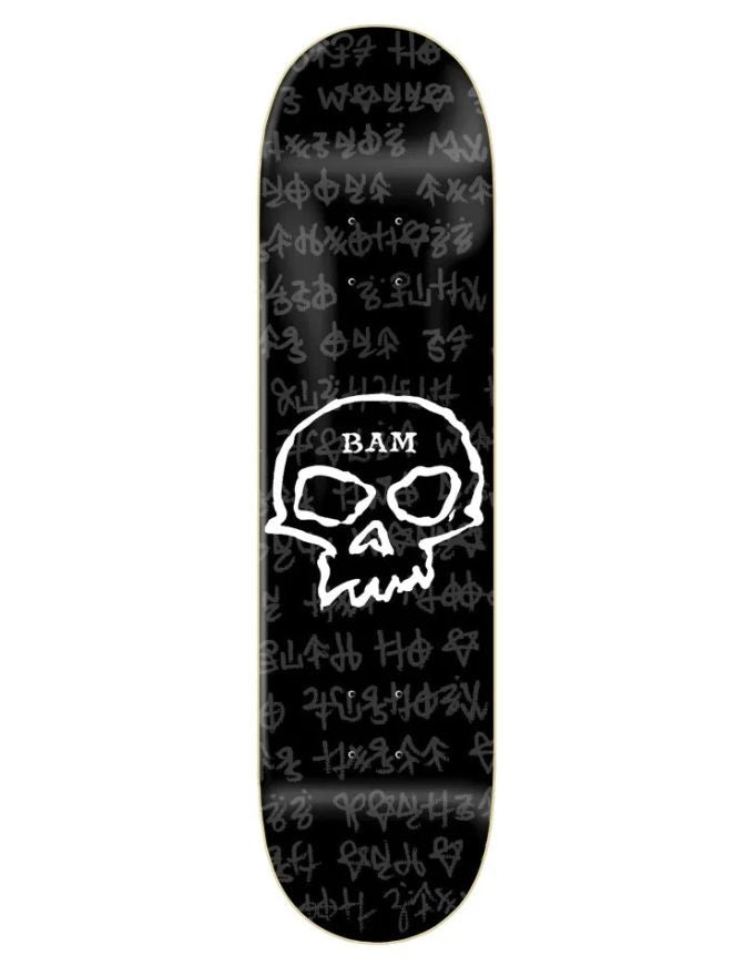 A BAM skateboard deck featuring a black background with a white skull graphic in the center and a pattern of white occult-style symbols across the surface.