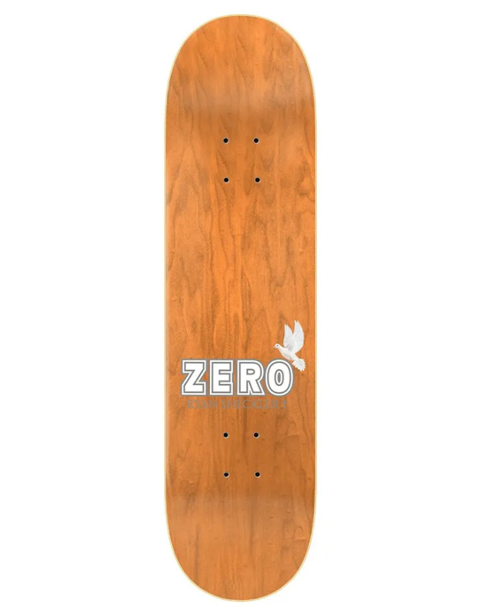 A wooden skateboard deck with a warm orange-brown wood grain finish, featuring a white 'ZERO' logo and a white dove graphic in the center, shown against a plain white background.