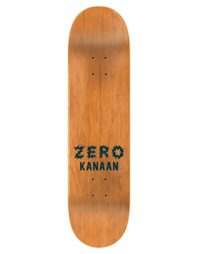 A wooden skateboard deck with a natural light brown wood grain finish and the text 'ZERO KANAAN' printed in dark teal near the center, shown against a plain white background.