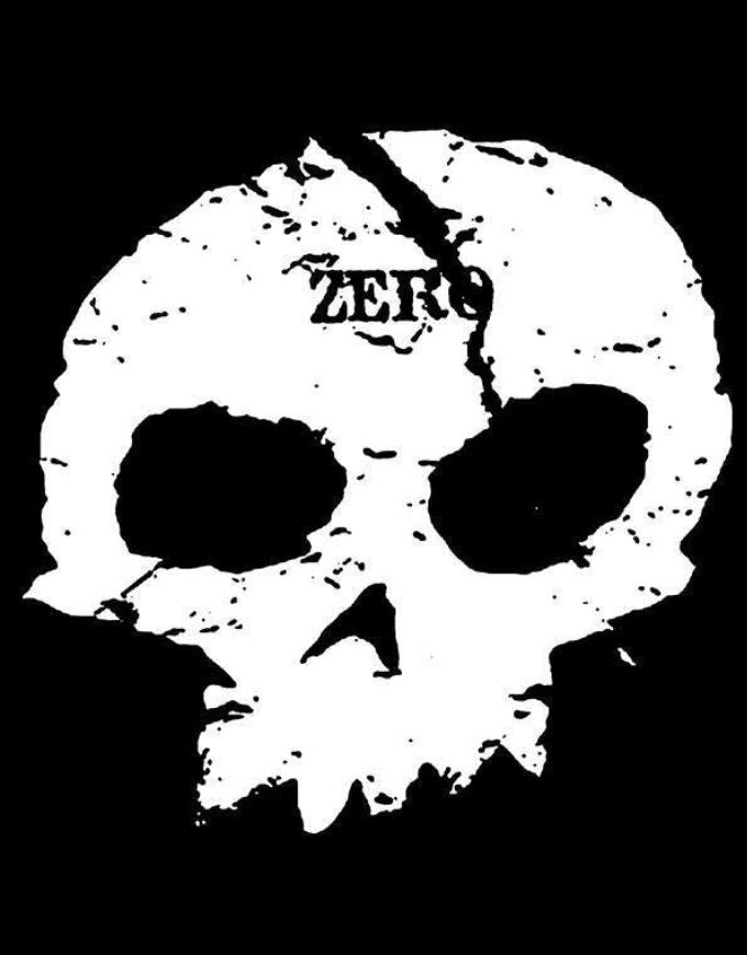 A high-contrast black and white graphic of a distressed skull with the word 'ZERO' printed across the forehead, set against a solid black background.