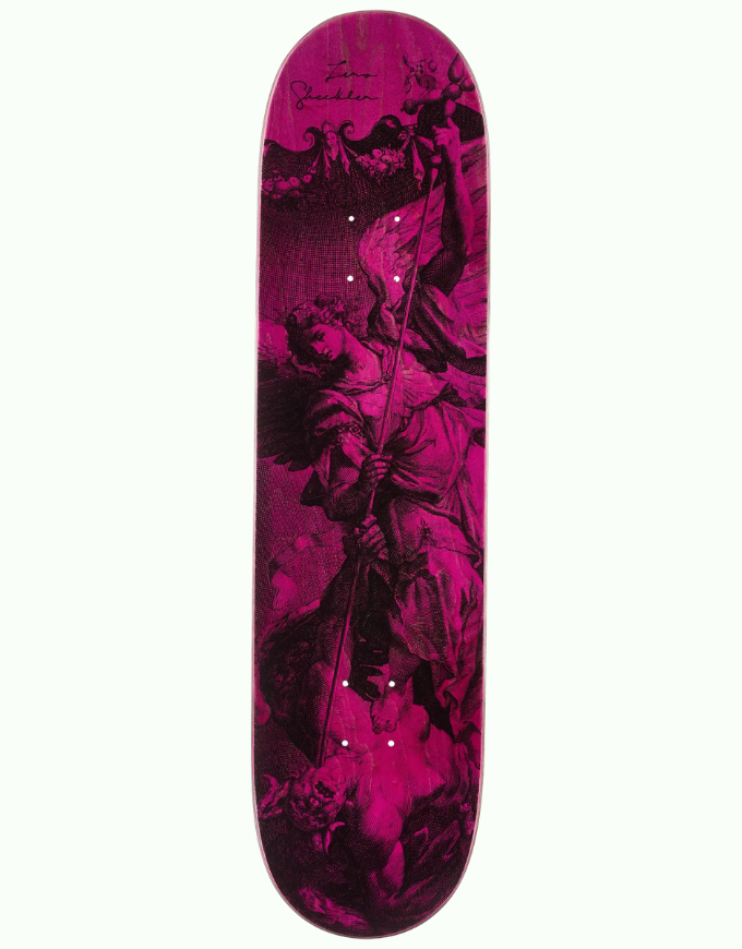 A skateboard deck with a vibrant magenta and deep purple graphic print featuring classical cherub illustrations, shown against a plain off-white background.
