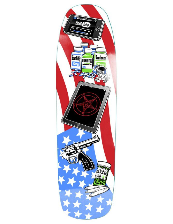 Skateboard deck with American flag design, gun, and other graphics on a white background