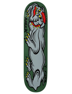 A skateboard deck featuring a stylized gray creature with red and yellow details on a dark green background, with the text 'SAKER' and 'T-PEEN' printed vertically.