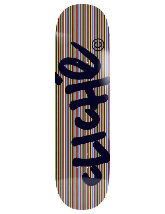 Skateboard deck with multicolored stripes and black logo on a white background