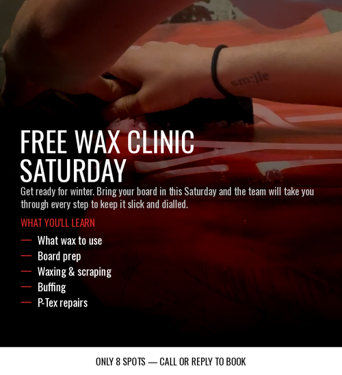Advertisement for a free wax clinic with text and a blurred background of hands working on a waxing process.