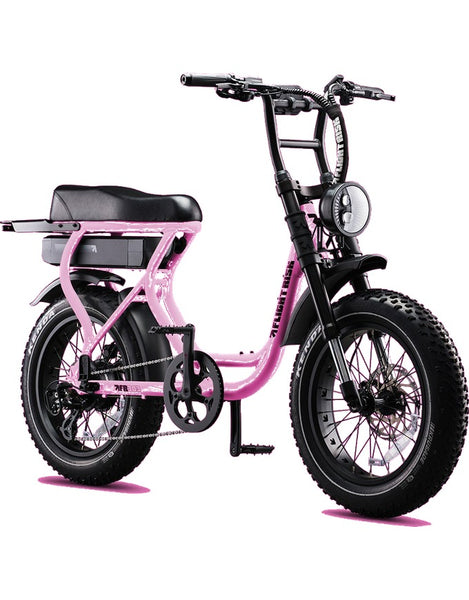 A pink and black mini electric bicycle with fat tires, a black saddle, and a front headlight, shown on a white background with a pink shadow underneath.