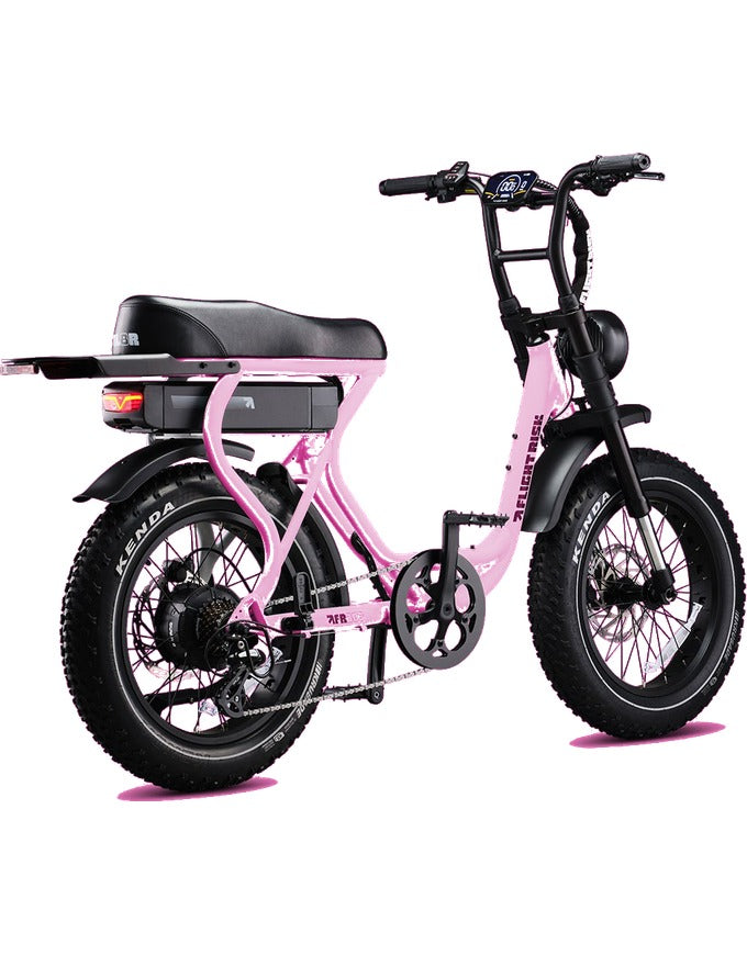 A pink electric mini bicycle with black tires, a black saddle, and a black rear storage box, shown on a plain white background.