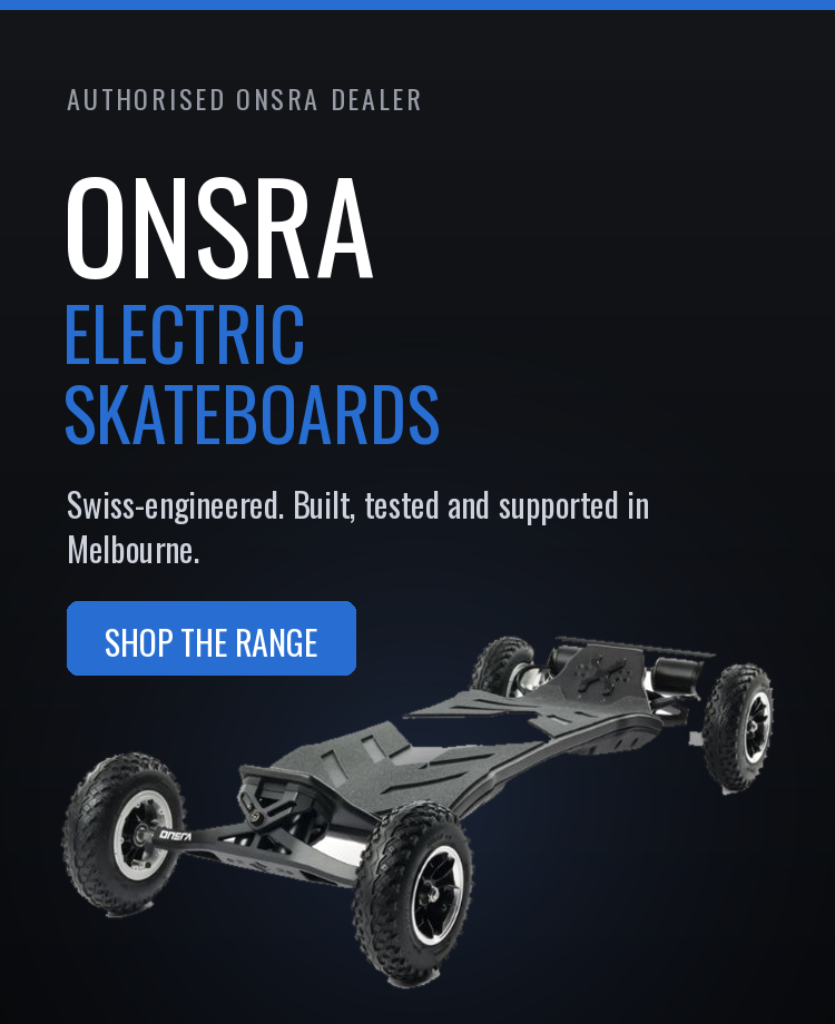 Advertisement for ONSRA electric skateboards with a skateboard deck graphic on a black background.