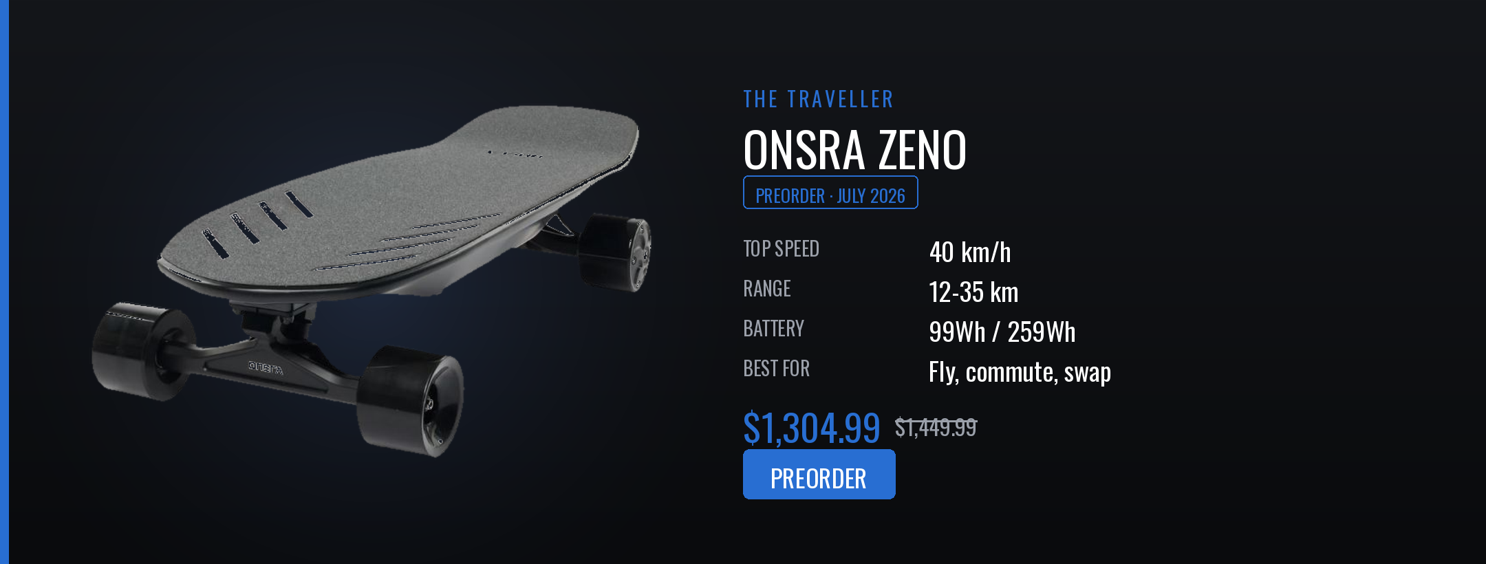 Onsra Zeno electric skateboard with specifications on a dark background
