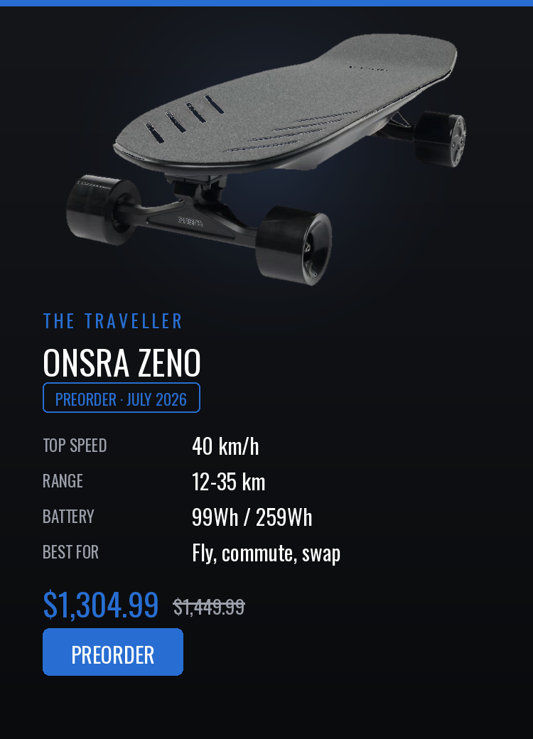 Onsra Zeno electric skateboard with specifications on a dark background