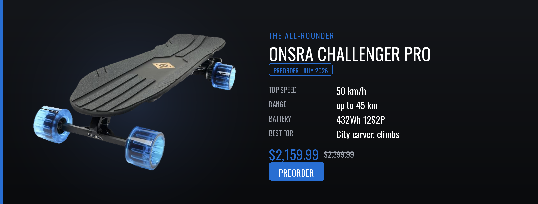 Onsra Challenger Pro electric skateboard with specifications on a dark background