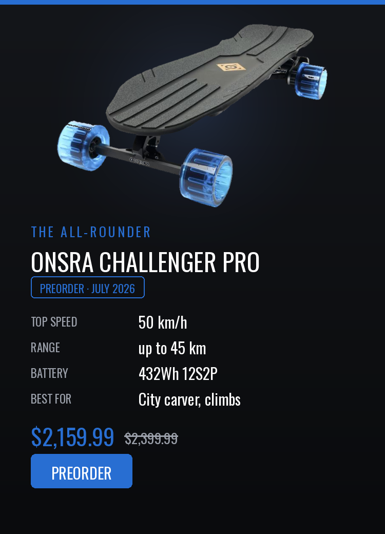 Onsra Challenger Pro electric skateboard with specifications on a dark background