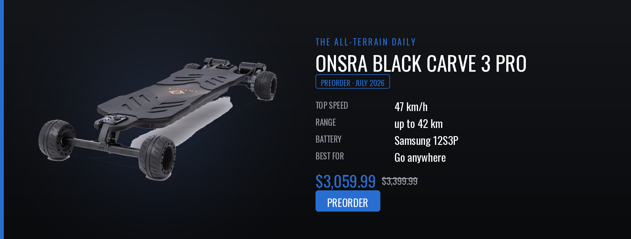 Onsra Black Carve 3 Pro electric skateboard with specifications on a dark background