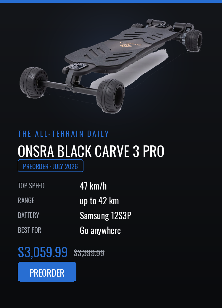 Onsra Black Carve 3 Pro electric skateboard with specifications on a dark background