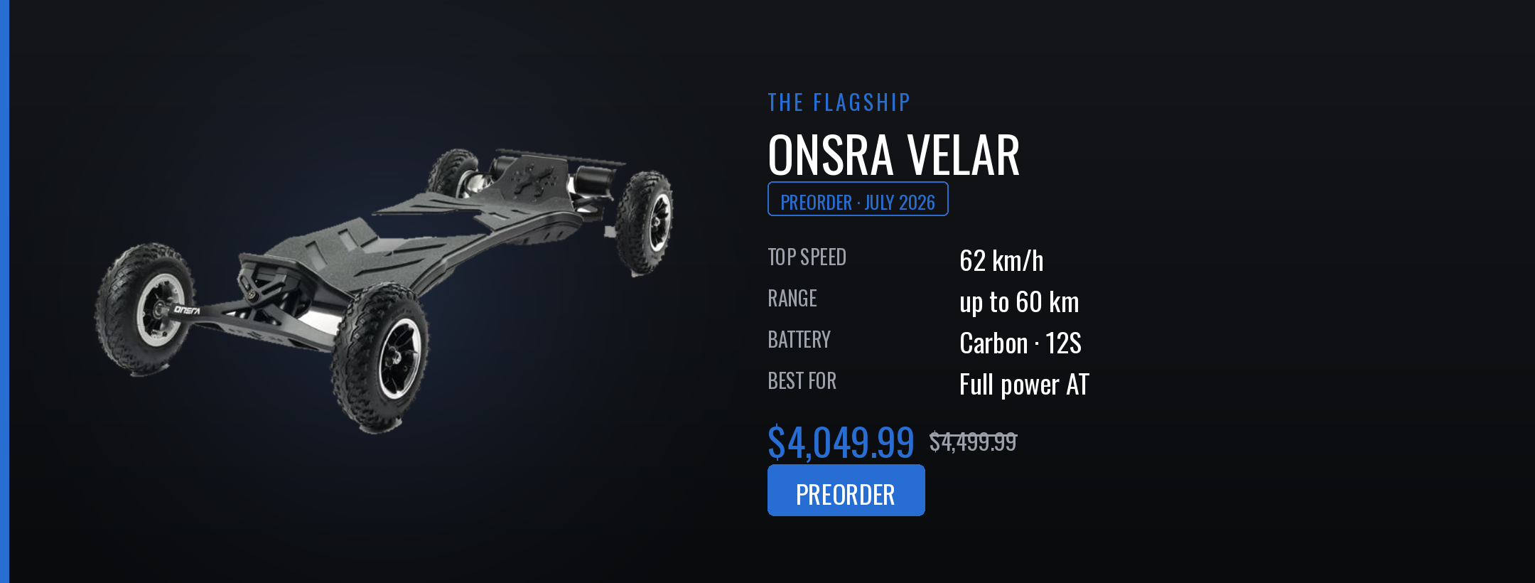 Onsra Velar electric vehicle chassis with specifications on a dark background