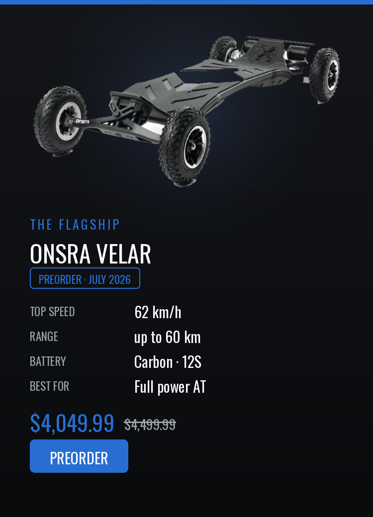 Advertisement for ONSRA VELAR electric vehicle with specifications and preorder information on a dark background.
