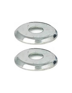 Two silver metal flat washers with circular holes, shown on a plain white background.