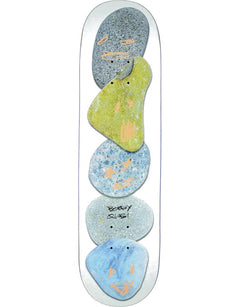 A skateboard deck featuring a vertical stack of five abstract, organic shapes in gray, yellow-green, light blue, dark blue, and medium blue, each with small orange scribbles and black eyes, on a white background.