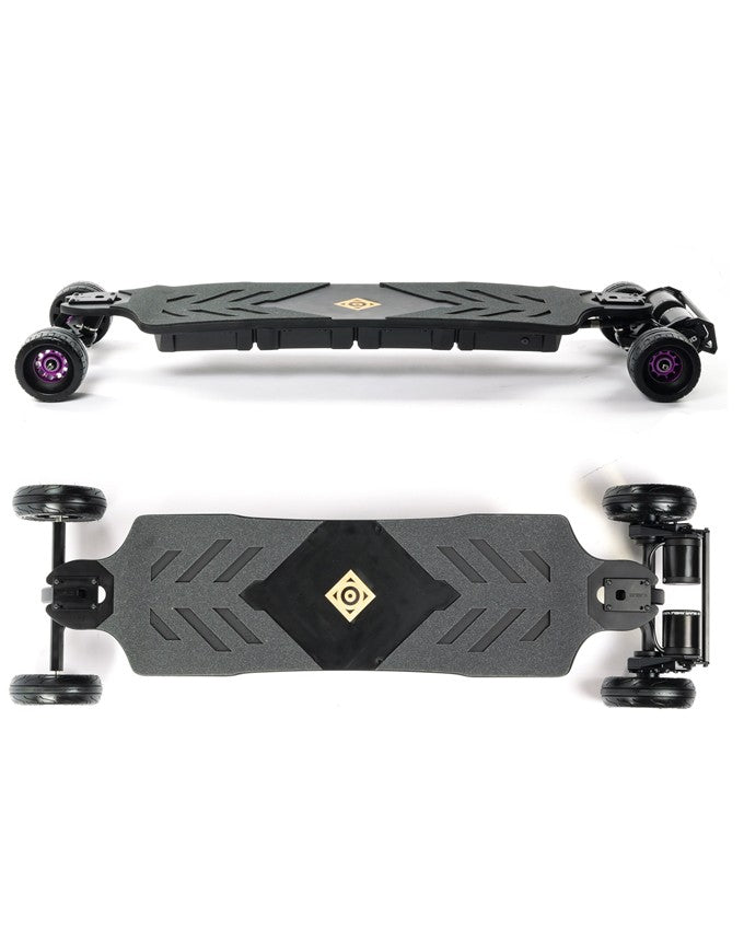Top and bottom views of a black electric longboard skateboard with purple wheels, shown on a white background.