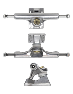 Three views of a skateboard truck assembly on a plain white background, showing the top, side, and front-angle perspectives of the metal hardware.