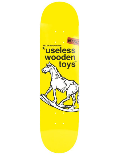 Skateboard deck with a horse illustration and text on a yellow background